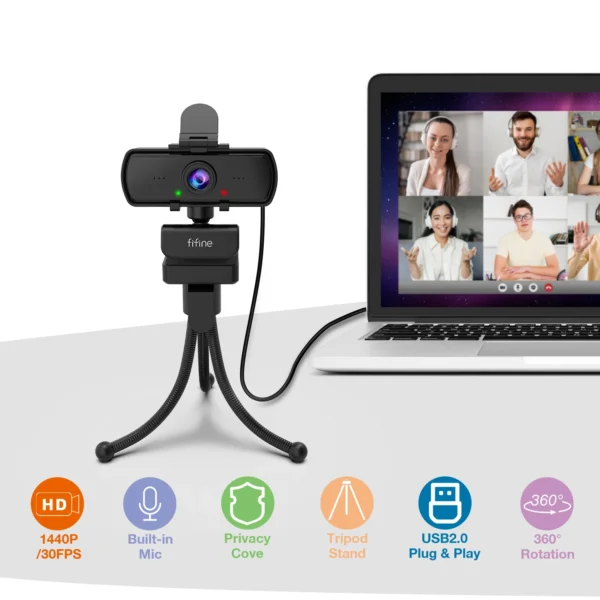 Webcam FIFINE 1440p Full HD para PC com microfone, tripé, para desktop e laptop USB, webcam para transmissão ao vivo para videochamadas - K420 - Imagem 4