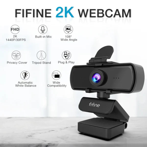 Webcam FIFINE 1440p Full HD para PC com microfone, tripé, para desktop e laptop USB, webcam para transmissão ao vivo para videochamadas - K420 - Imagem 2