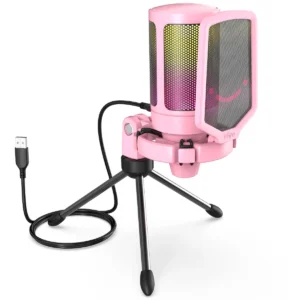 Microfone para jogos USB FIFINE para streaming de podcasts, microfone condensador de computador AmpliGame RGB para estúdio/vídeo - rosa