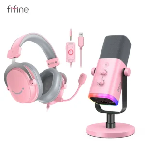 Kit de fone de ouvido e microfone para streaming de jogos FIFINE com botão de ganho/RGB/monitor, para PC/MAC/PS4/PS5/Mixer/YouTube/Steam-AM8TP/H9Pk